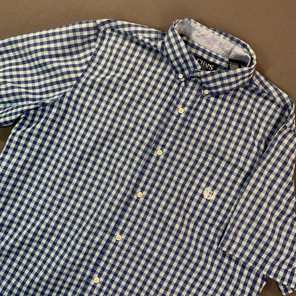 Chaps Shirt Mens XL Blue Green Gingham Check Short Sleeve Button Down Crest Logo